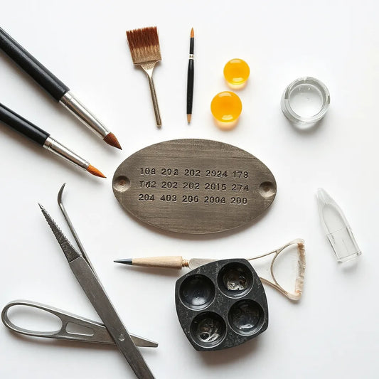 Assorted nail art decoration tools arranged neatly, including brushes, dotting tools, stamping plate, and tweezers.