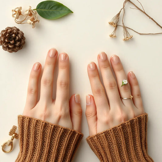 Hands with glossy nails featuring geometric and floral accent designs on a clean neutral background
