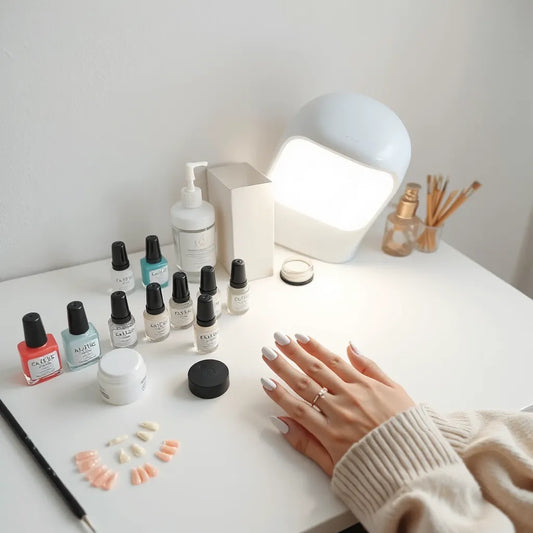 Hands using a UV lamp and nail art tools on practice tips with gel and acrylic supplies on a clean table