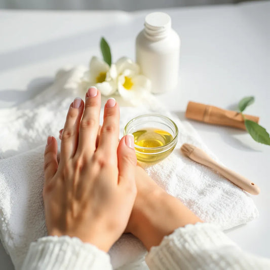 Nails being cared for with nourishing oil, moisturizer, and a soft brush on a clean towel