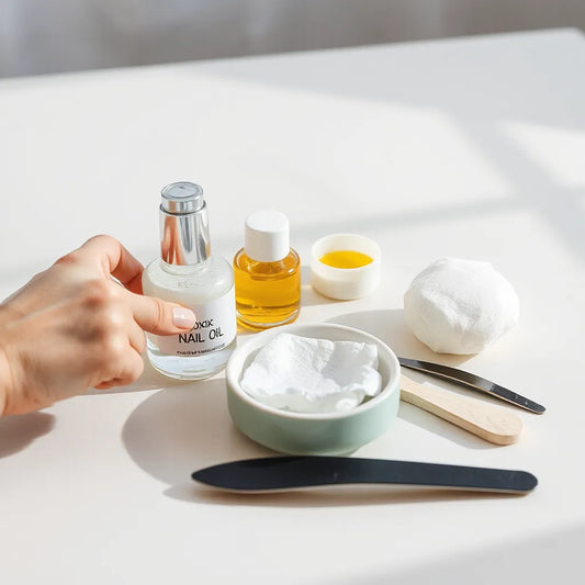 Non-toxic nail care products on a clean tabletop with a hand preparing for a manicure