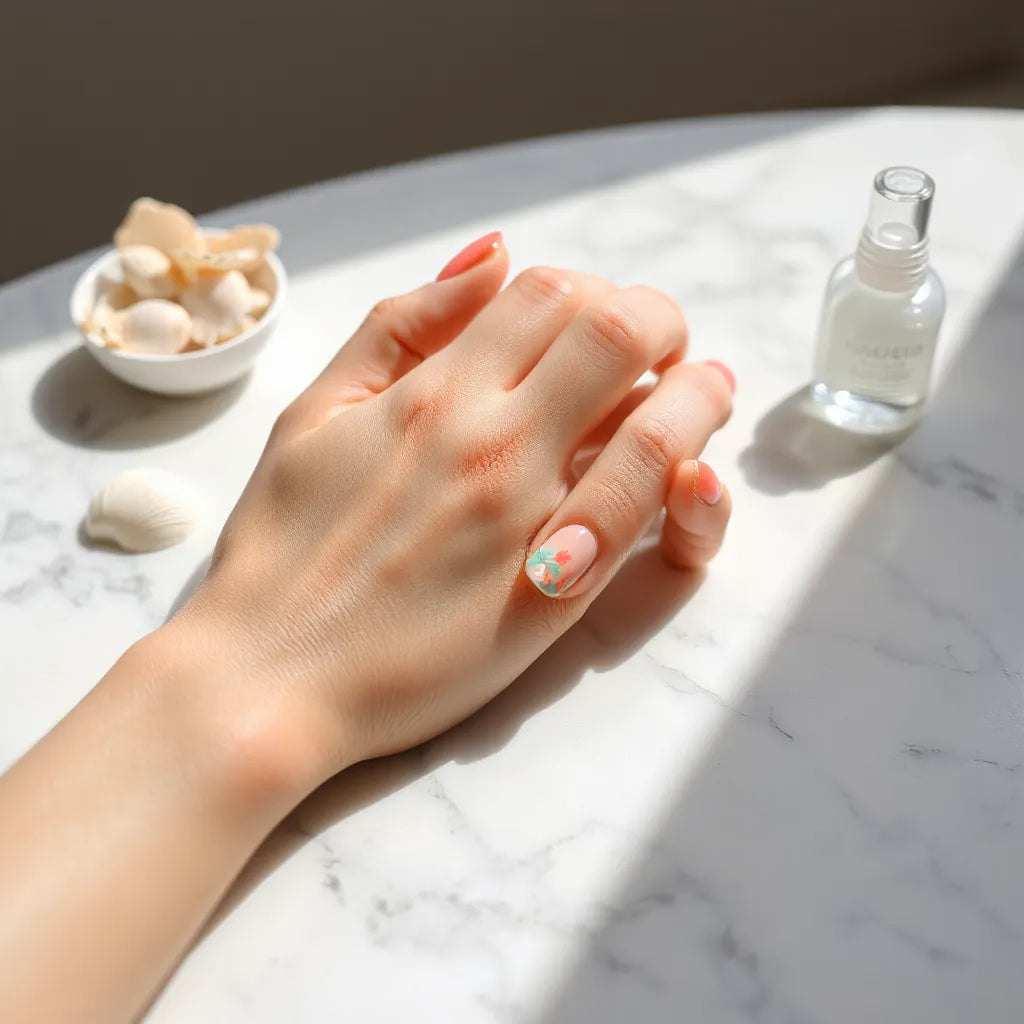 Manicured nails with bright summer colors and subtle floral accents on a sunlit marble surface