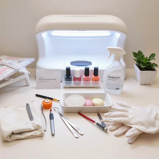 Neatly organized nail technician tools and supplies on a clean salon manicure station