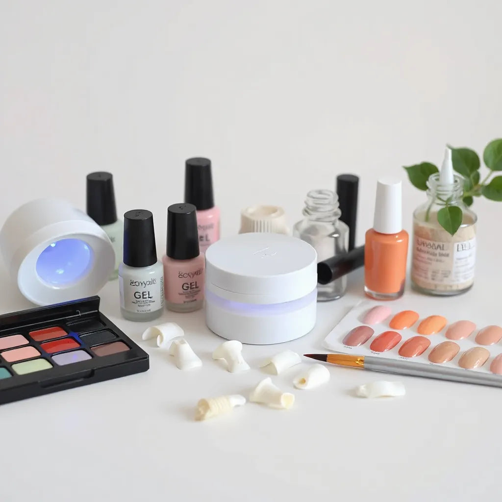 Assorted gel and acrylic nail art supplies with brushes, swatches, and a small LED lamp on a clean table.