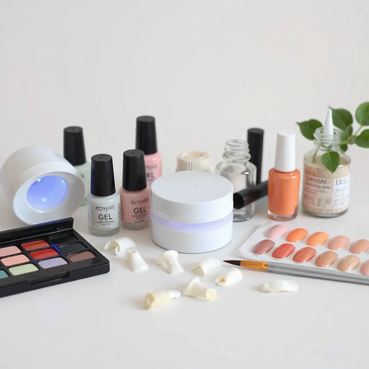 Assorted gel and acrylic nail art supplies with brushes, swatches, and a small LED lamp on a clean table.