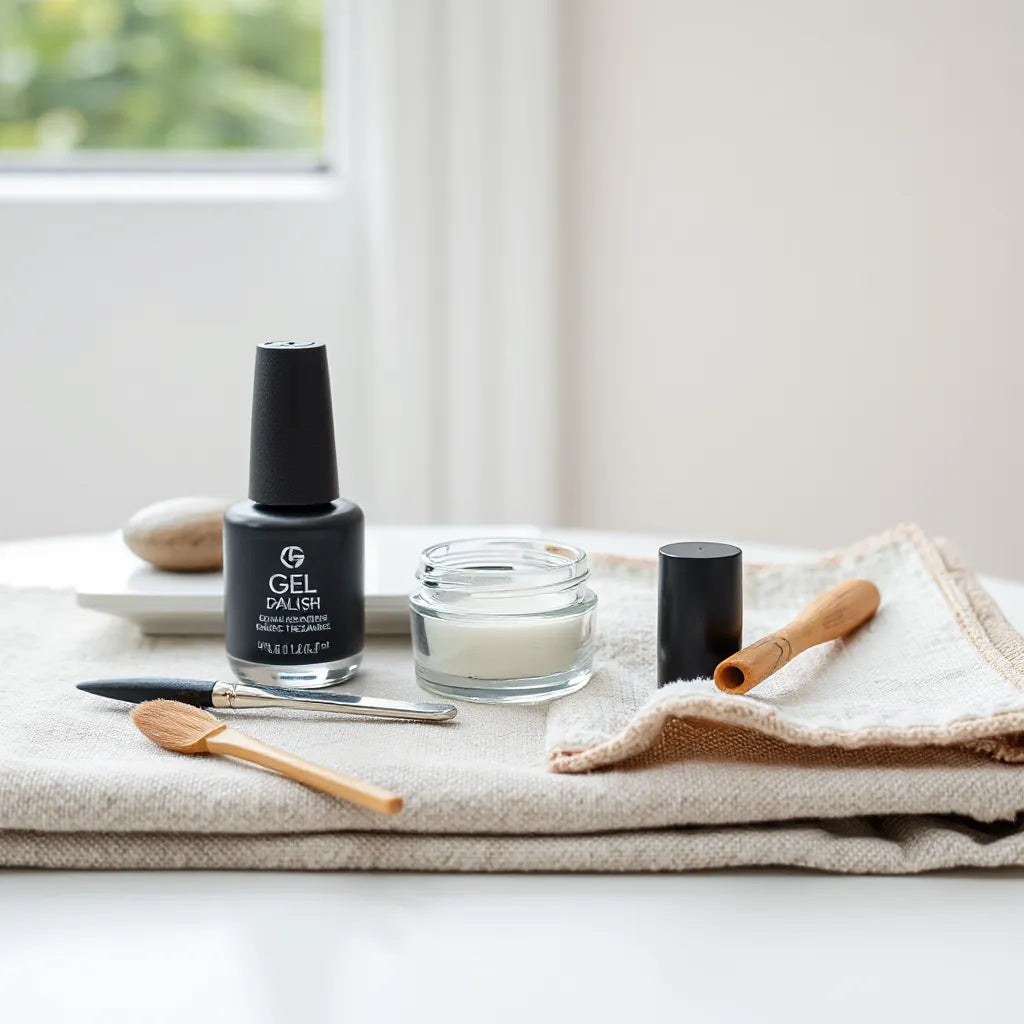 Neatly arranged nail care products on a clean vanity with gel polish, file, and brush