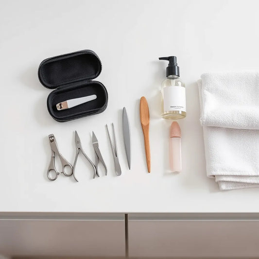 Neatly arranged nail care tools and accessories laid out on a clean white surface.